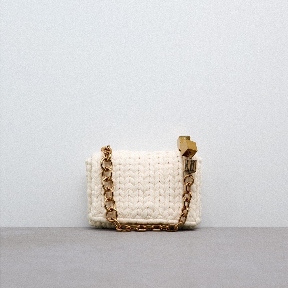 zara off white fabric shoulder bag gold strap beaded